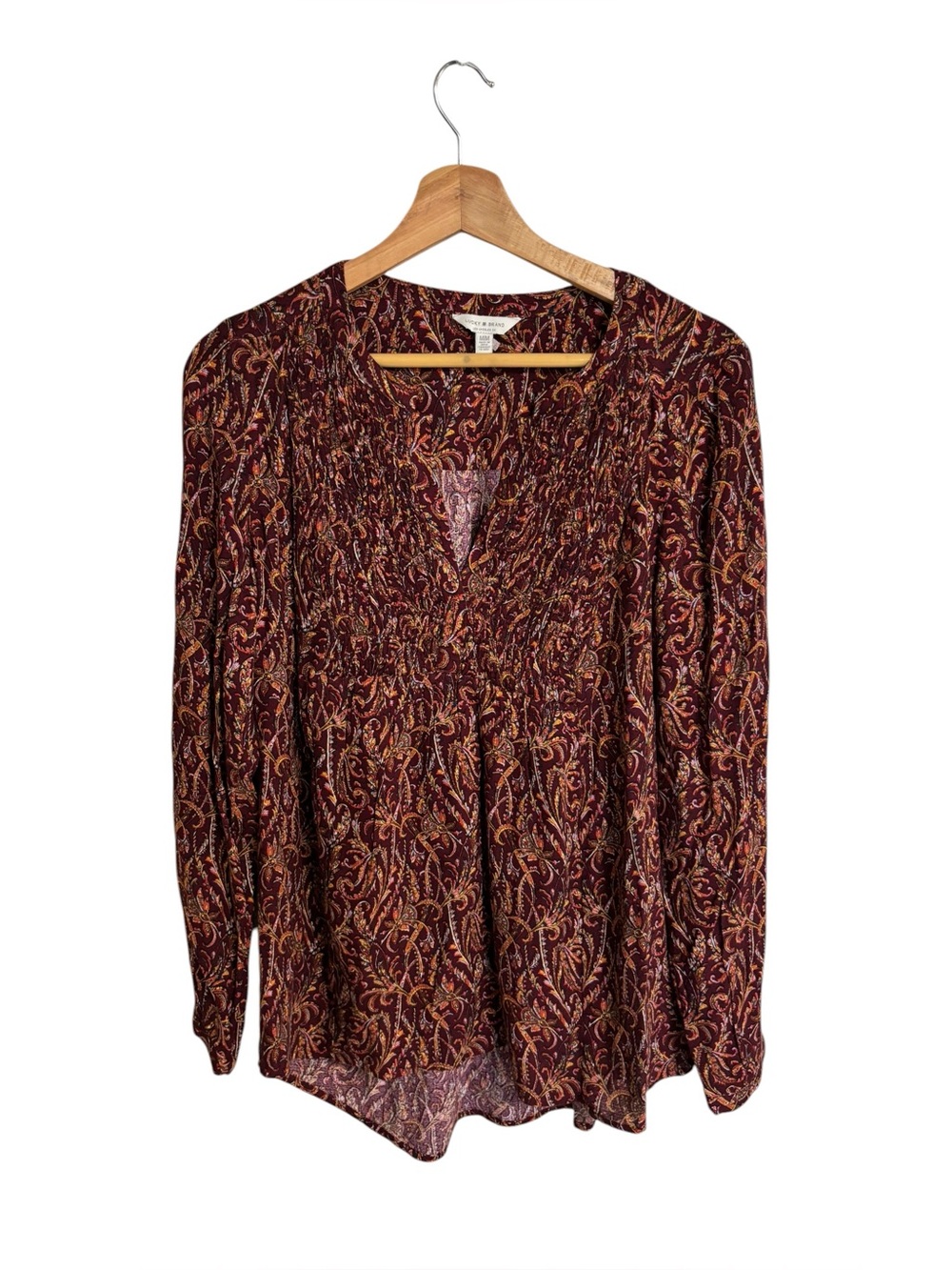Lucky Brand red paisley print V neck long sleeve boho peasant blouse size M